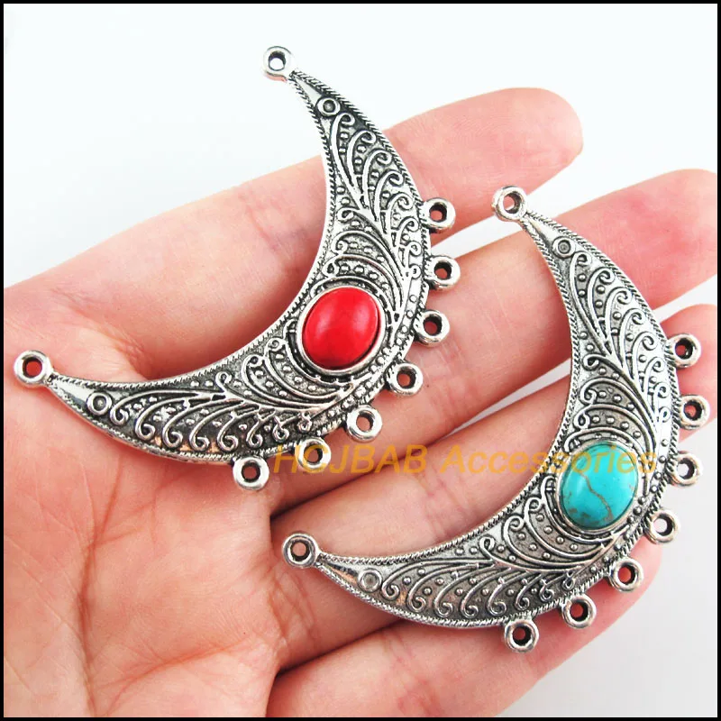 

4Pcs Retro Tibetan Silver Tone Flower Moon Blue&Red Stone Charms Connectors 37x54mm