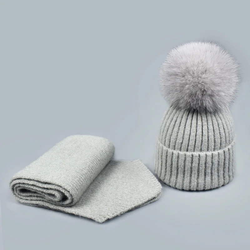 Детская Женская шапка, шарф, шапка, комплект, вязаные шапки Skullies Beanies с помпоном, шапка с натуральным лисьим помпоном, осенне-зимние теплые Одноцветный полосатый шапки - Цвет: D