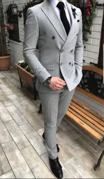 2020 Grey Stripe Mens Suits 2 Pcs 