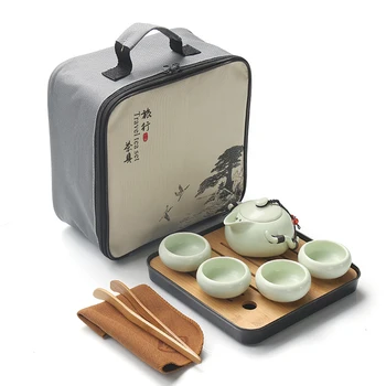 

Portable Travel Tea Set Vintage Porcelain Chinese Kungfu Tea Set Tea Cup, Tea Tray and Teapot with Travel Bag (4 Cups)