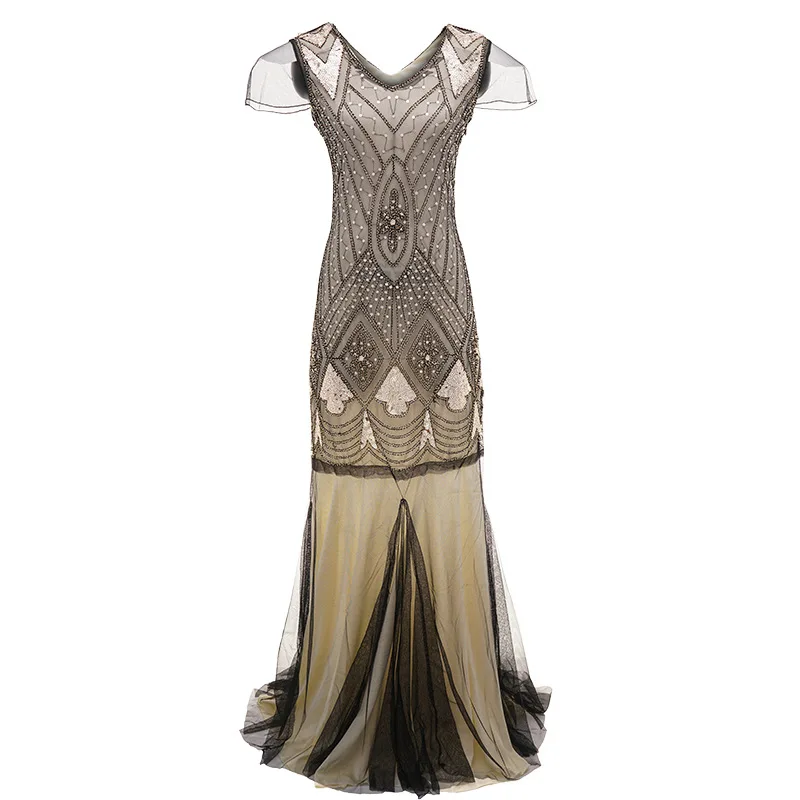Женское платье 1920s Great Gatsby, длинное платье 20 s, винтажное платье с v-образным вырезом и коротким рукавом, вечерние платья макси для выпускного вечера, коктейльное платье - Цвет: Apricot