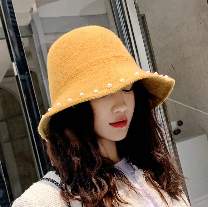 Японский жемчуг небольшой свежий литературный вязаная шапка дамы Корея Зима Теплый Дикий рыбак шляпа bts Панама