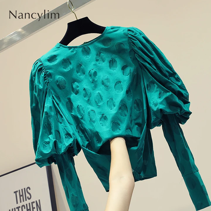 

New Puff Sleeve Shirts for Women Hig Street Polka Dot Printed Blouses Temperament Lady Short Shirts Blusas Femme Party Tops