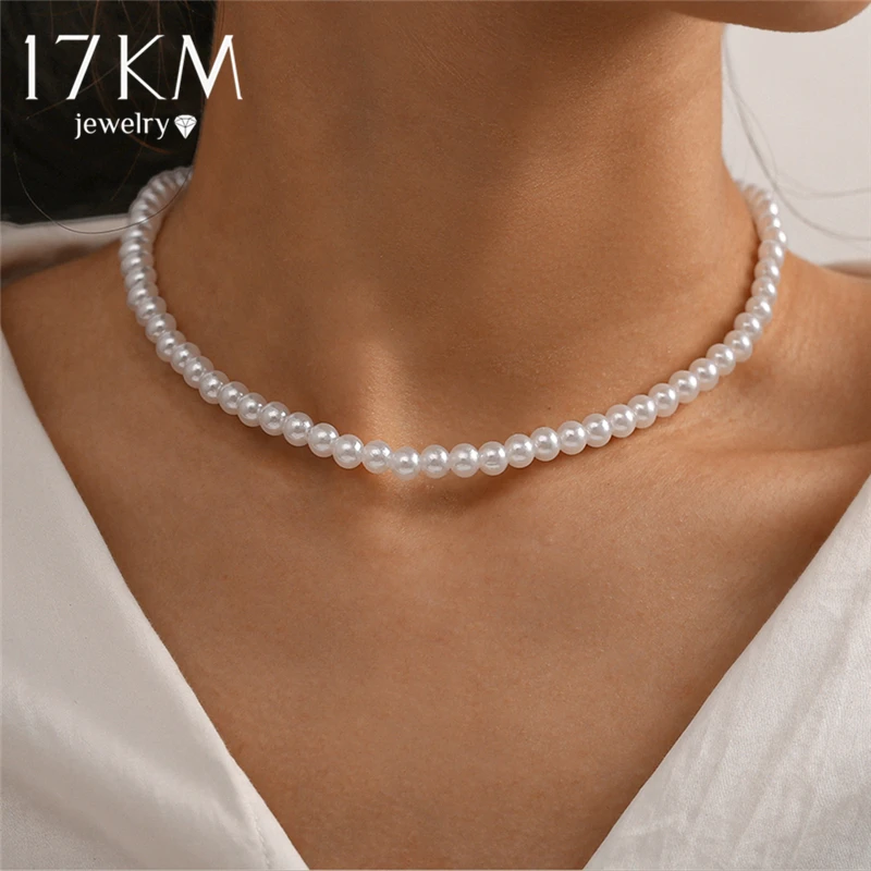 17KM-gargantilla de perla blanca de imitación para mujer, collar de boda con perlas redondas grandes, joyería de moda
