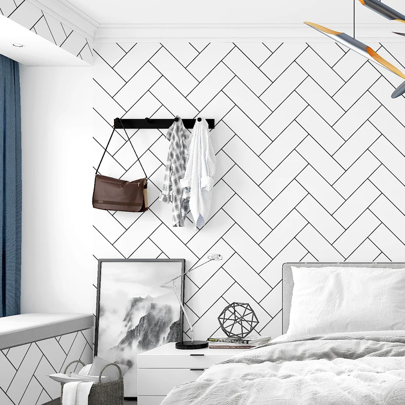 

Nordic Tv Background Black And White Lattice Wallpaper Geometry Bedroom Living Room Modern Fashion White Brick Tile Wall Paper