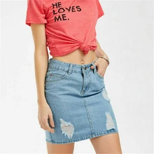 Классическая женская синяя рваная Повседневная мини джинсовая юбка летняя новая облегающая женская юбка Базовая джинсовая юбка с карманами Юбка со средней талией