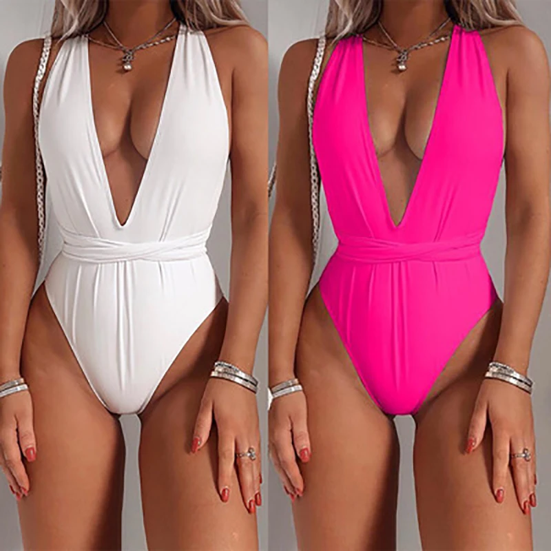 

Swimsuit Women One Piece Swimwear 2020 Solid Bandage Swimsuits 1 Deep V-neck Backless Swim Suit Bathing Suit Women High Waist