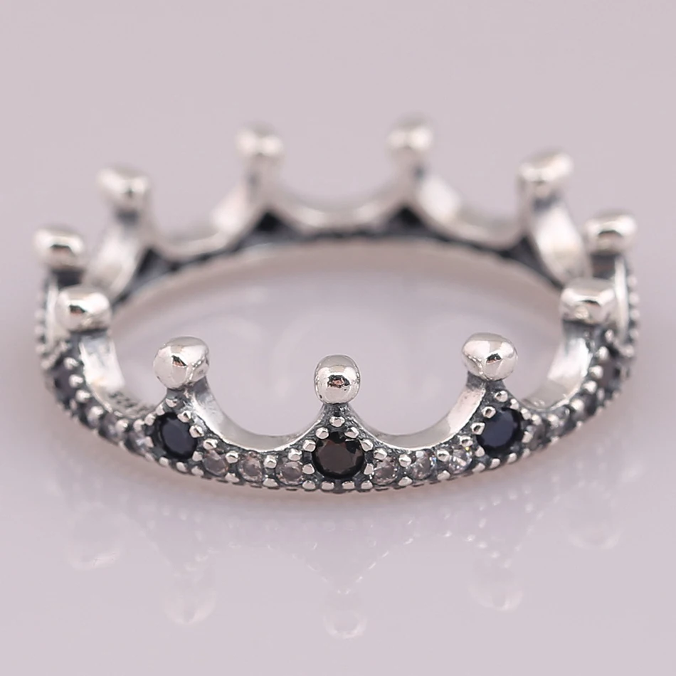 Подлинная 925 пробы Серебряная зачарованная Корона, Черное и прозрачное Кристальное кольцо для женщин, подарок на свадьбу, подходит для леди, ювелирное изделие
