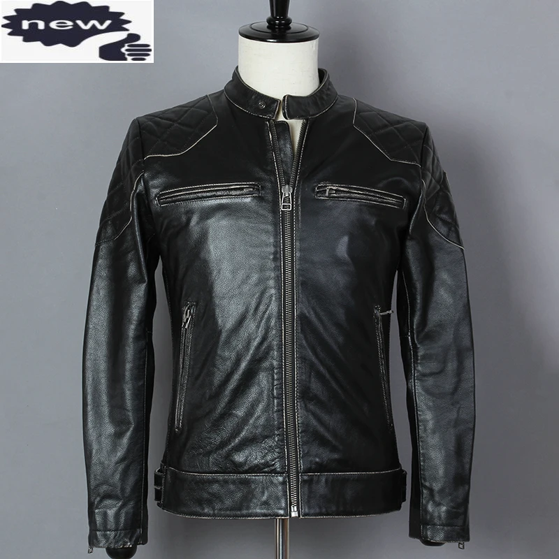 

2021 Fashion Vintage Black Cowskin Motorcycle Slim Fit Genuine Jacket Men David Beckham Style Leather Coats Male