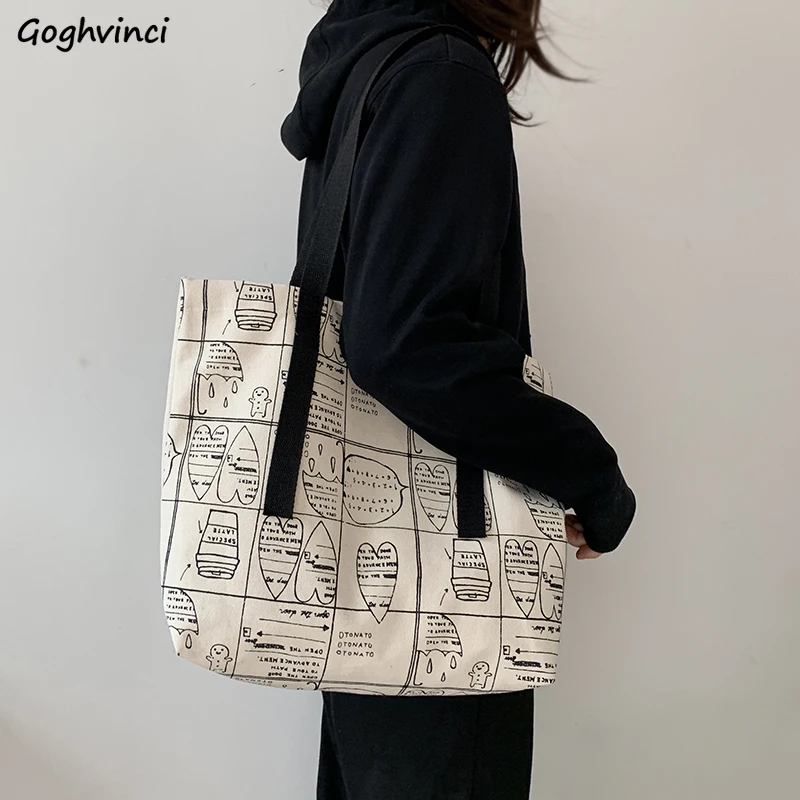 Shopping Bags Women Canvas Harajuku Simple Large Capacity Fashion Chic Students Shopper Leisure Foldable New Ins Letter Printed | Багаж и