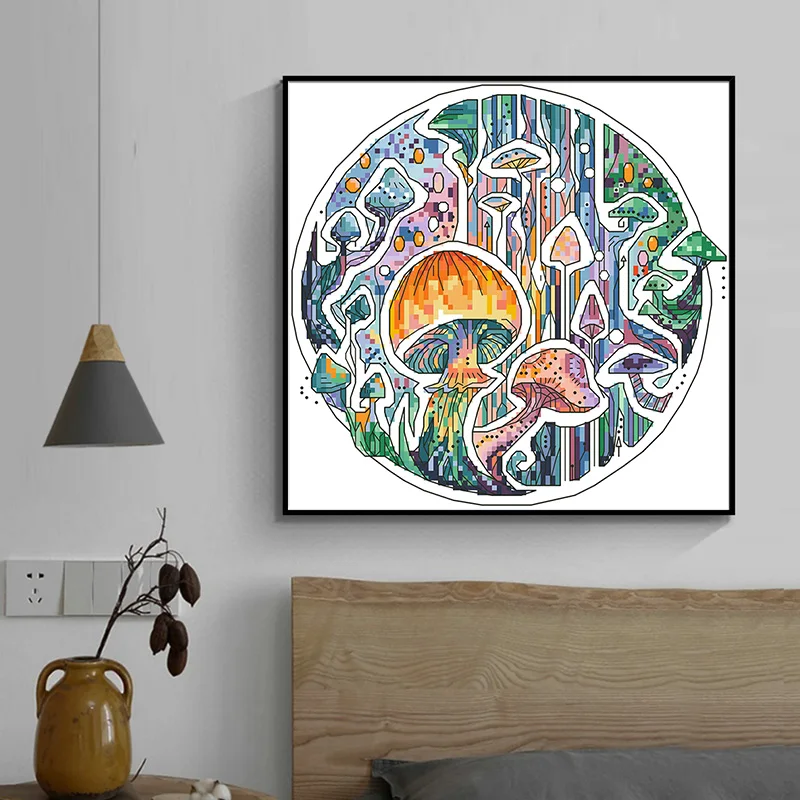 Colorful Mushroom Cross Stitch Embroidery Kit Blank Canvas Needlework Sets 11CT 14CT Diy Handmade Home Decor Painting