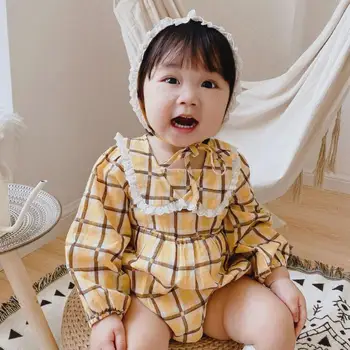 

Cute Newborn Baby Plaid Romper with Hat Infant Long Sleeve One Piece Jumpsuit Korean Baby Girls Autumn Clothes Child Sunsuit 0 3