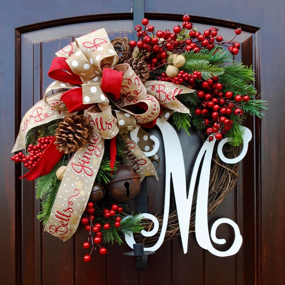 

Christmas Monogram Letter Wreath with Rusty Jingle Bells and Pine Cones on Grapevine Base 30cm Dia