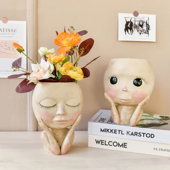 

Big Eyes Doll Decoration Human Face Vase Resin Flowerpot Figure Sculpture Crafts Storage Container Flower Arrangement Container