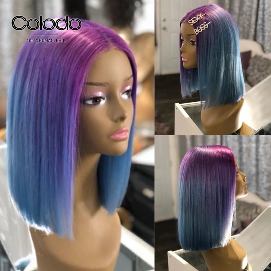 Ombre Purple Колодо 150% плотность зеленый парик человеческие волосы боб кружевные передние парики для женщин бразильский Remy Ombre Фиолетовый парик с предварительно выщипанными волосами - Цвет волос: Ombre Purple