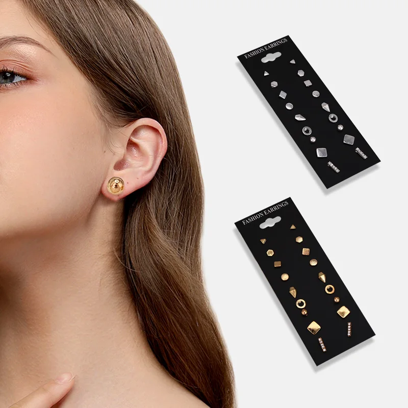 9 пар/компл. Для женщин небольшой геометрический Сережки для пирсинга Женский Круглый цвета: золотистый, серебристый Кристаллические серьги Комплект для девочки ювелирные изделия