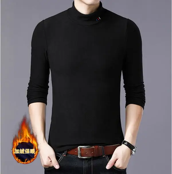Hombres cólido y cómodo jersey de cuello alto, mangas largas suéteres de punto jersey suave flexible slim fit Jersey casual de - Цвет: Черный