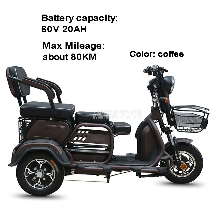 Трехместный Электрический мотоцикл для пожилых людей, Электрический скутер с широкими шинами, трехколесный скутер для пожилых людей с ограниченными возможностями, 500 Вт, 48 В/60 в - Цвет: 60V 20AH coffee