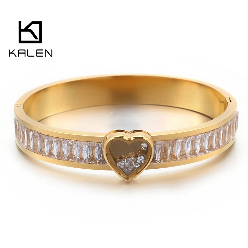 

KALEN Romantic Stainless Steel Heart Charm Bangle Women Gold/Silver/Rose Gold Cubic Zironia Bangle Jewelry Accessories