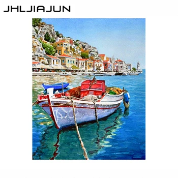 

JHLJIAJUN painting by numbers Lake boat oil painting landscape digital wall art oil painting home decoration city oil painting