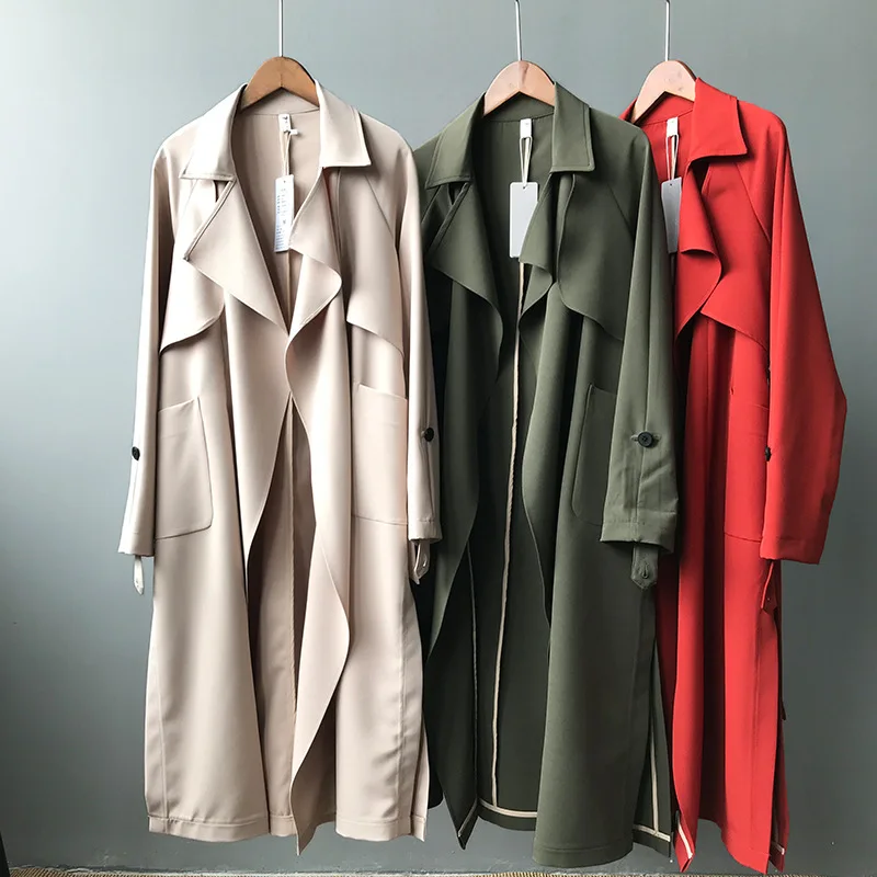 

2019 New Spring Autumn Elegant Women Trenchcoat All-match Ultra Long Windproof Coats Solid Color Female Windbreaker with Belt