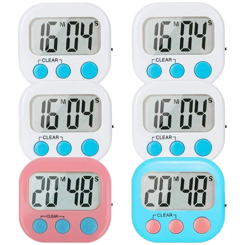 ABUI-6 Packs Digital Kitchen Timer Cooking Classroom Small Timer for Kids Teachers Large LCD Monitor Loud Alarm Strong 4Pcs Whit