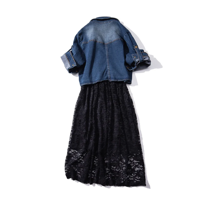 Женский комплект из двух предметов размера плюс, осень, женское платье, кружевное Сетчатое платье без рукавов+ джинсовая куртка, уличные костюмы 5XL