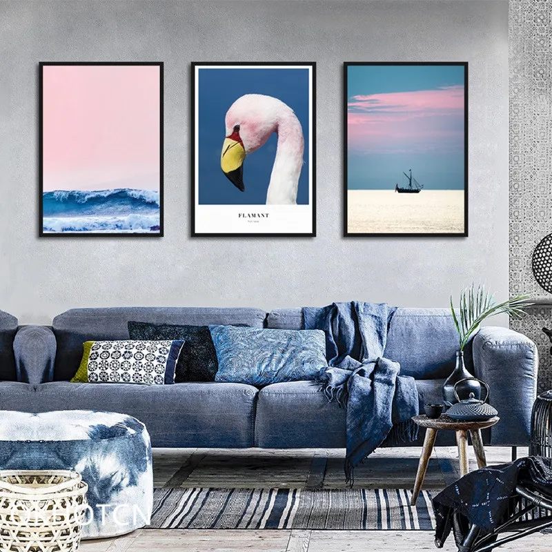 Minimalist Color Seascape Canvas Painting Nordic Pink Beach Flamingo Sailboat Posters Wall Art Picture for Girls Rooms Unframed | Дом и сад