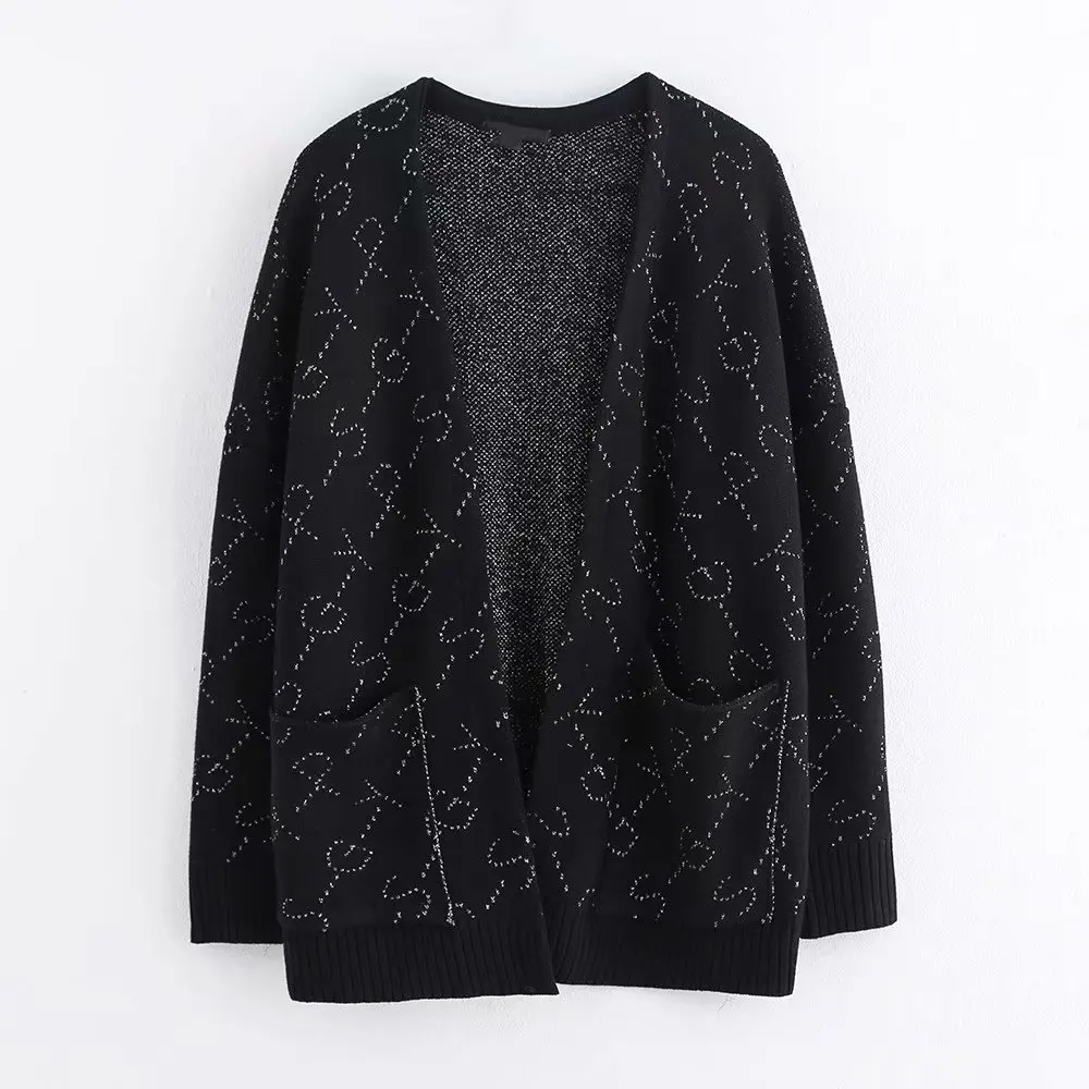 

2019 Autumn And Winter New Style Black And White with Pattern Sweater Coat Versatile Lettered Embroidered Cardigan V-neck WOMEN'