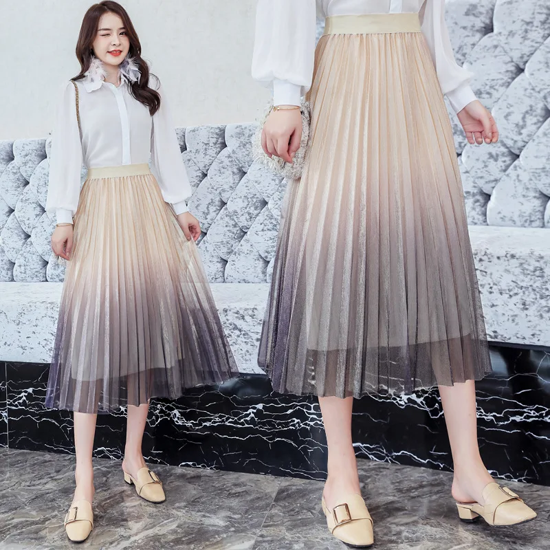 

2019 New Style High-waisted Slimming Gradient Pleated Gauze Skirt A- line Mid-length Fairy Skirt