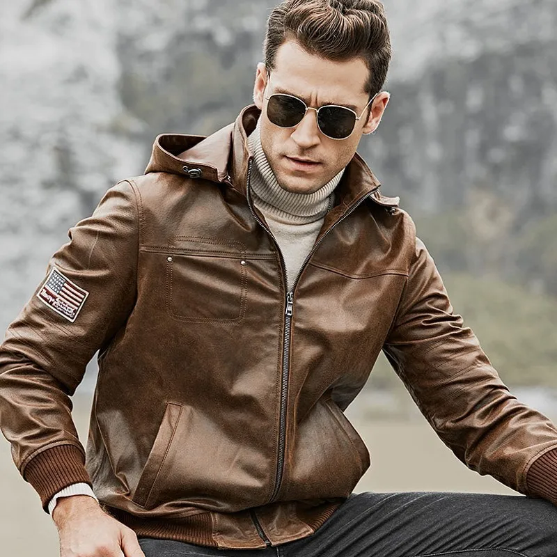 

New brand leather leather men's real leather jacket motorcycle zipper cap detachable rib sleeve large size 5XL short coat