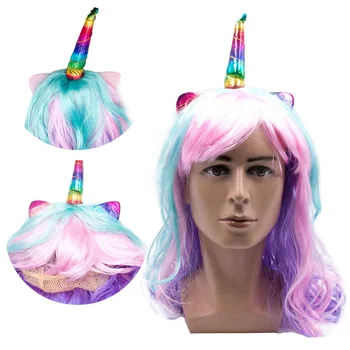 

Long Wavy Unicorn Cosplay Wigs Birthday Party Fake Hair Unicorn Wigs With Horn Synthetic Wigs Anime Decor