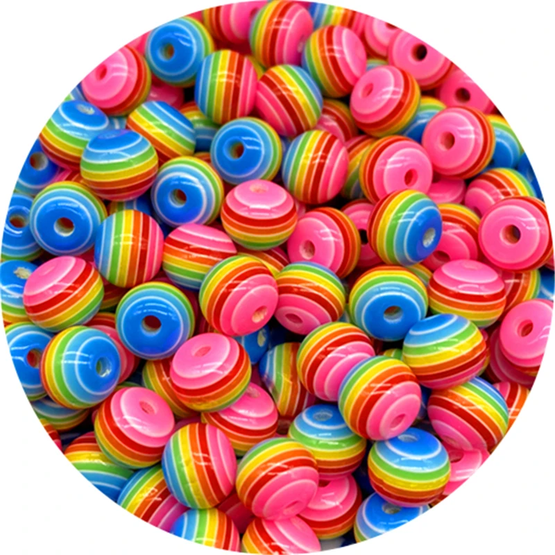 Resin Beads 8mm Round Rainbow Stripe Loose Spacer For Jewelry Making DIY 50pcs