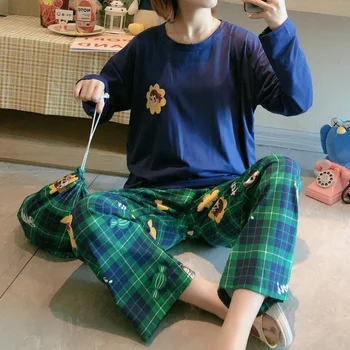 

Winter Women Cute Bear Pajamas Set Cotton Sleepwear Long-sleeve Pants Nightgwear Loose Leisure Big Size Homewear M-2XL