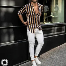 Мужская хлопковая рубашка в полоску с длинными рукавами и лацканами для отдыха