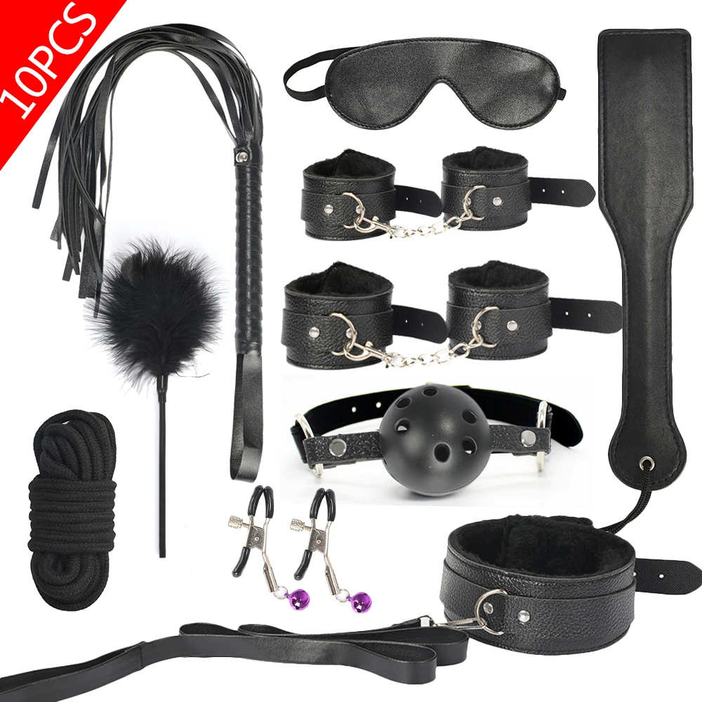 10 Pcs/set Leather BDSM Bondage Sex Products Erotic Toys for Adults Handcuffs Nipple Clamps Gag Whip Rope For Couples | Красота и