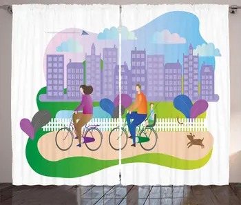 

Multicolor Hobby Curtains Computer Graphics a Family Cycling Through The City nTheir Dogs Running Behind Bedroom Window Drapes