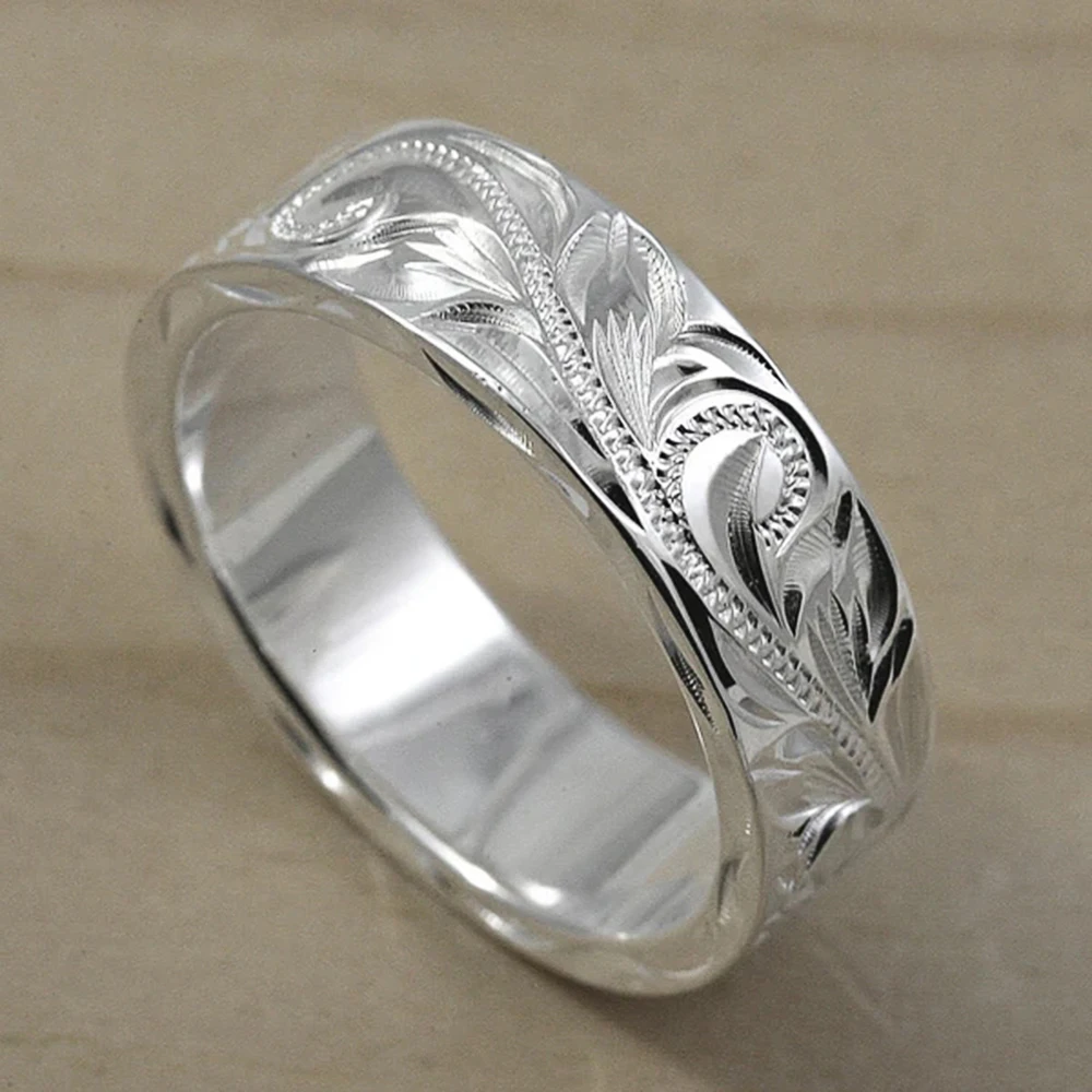 Huitan New Trendy Engraved Flower Leaf Pattern Women Wedding Band Rings Romantic Accessories for Lover Versatile Fashion Jewelry