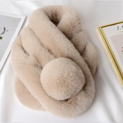 Fashion Winter Warm Women Soft Fluffy Faux Fur Warm Scarf Fur Ball Cross Neck Wraps Thicken Shawl Scarves Ladies Neck Warmer