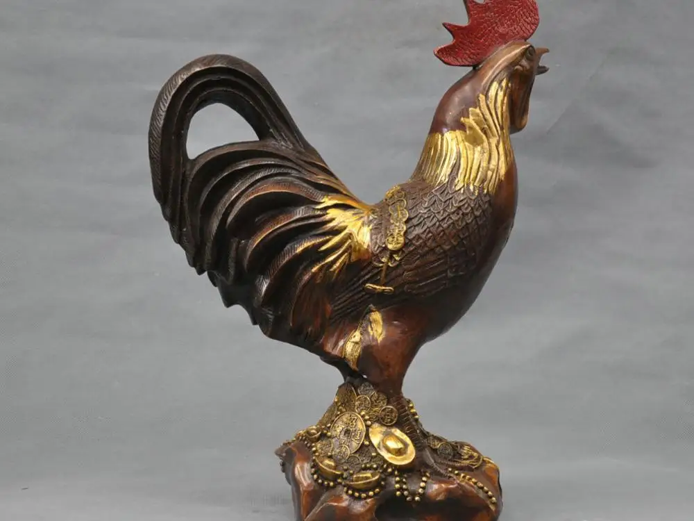 18'' China Bronze Zodiac Chicken Big Cock Rooster Statue Figurine