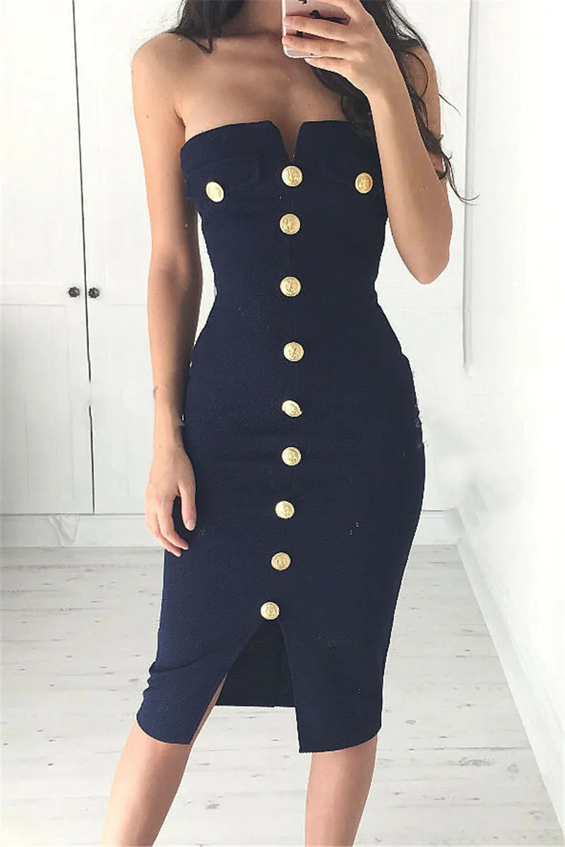 Stylish Womens Off-shoulder Slash-neck Strapless Button High-waist Bustier Sleeveless Slim Fit Dress Lady Party Ball Dress S-XL
