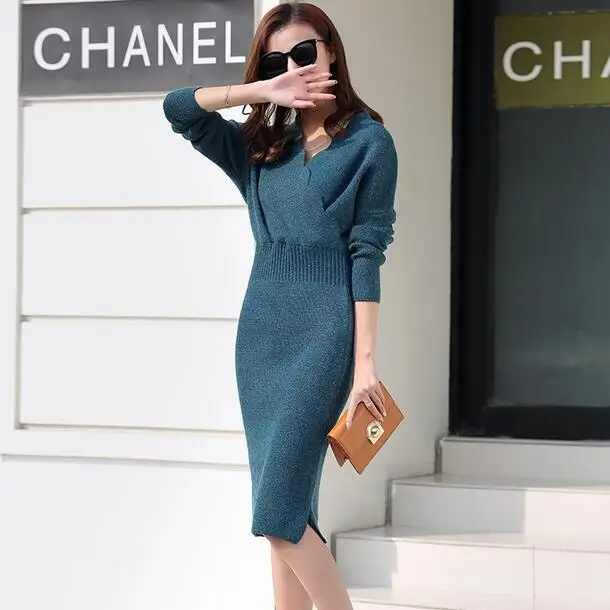 2019 женские осенне-зимние длинные платья Femme Blue Slash-Neck с длинным рукавом Sukienki