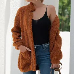 Casaco de lã moda feminina jaqueta de lã dois bolsos outono inverno gola casaco cardigan quente outerwear frio resistente