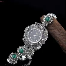 Серебро 925 womdn's браслеты S925 Стерлинговое серебро ювелирные изделия для женщин зеленый камень Модный браслет часы для женщин стиль