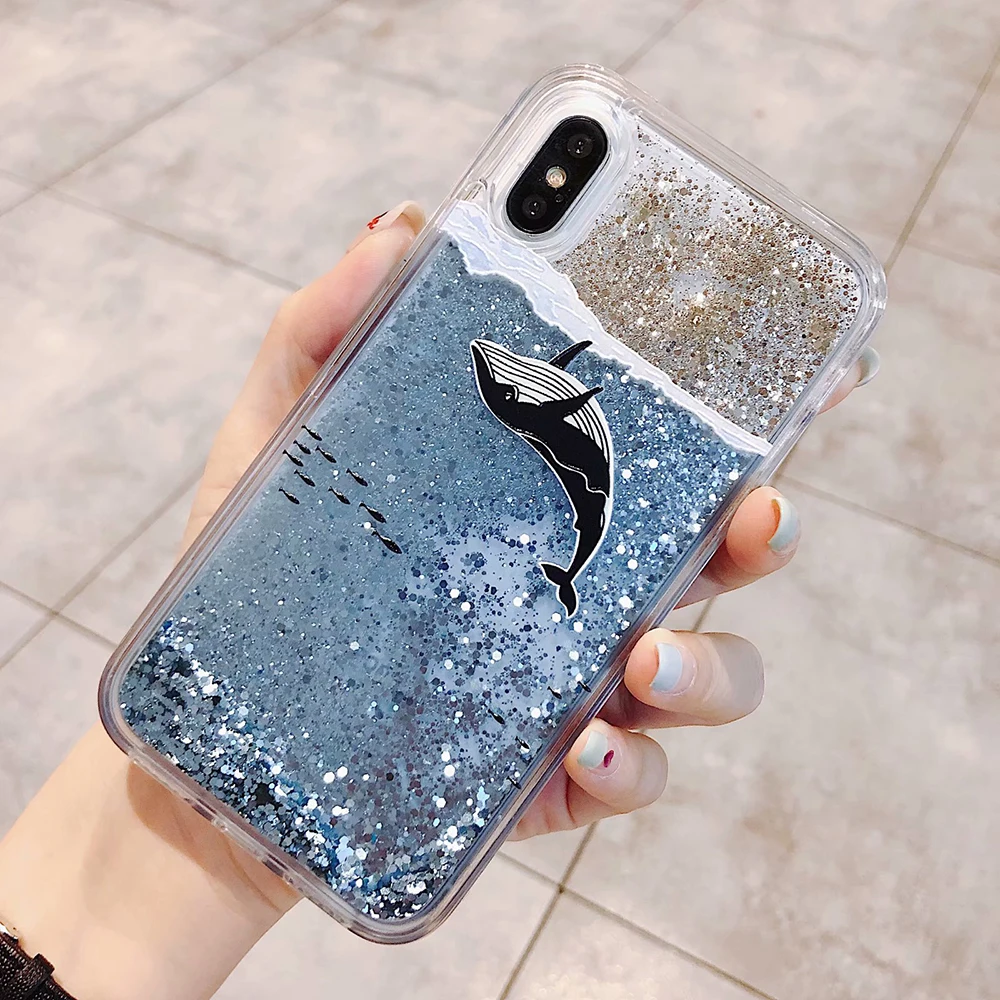 hei jing yu Жидкий чехол для iPhone 11 Pro XS Max XR XS 7 8 6 6s Plus Дельфин Кит Рыба цветочный фламиго сыпучий песок с блестками мягкий чехол - Цвет: hei jing yu