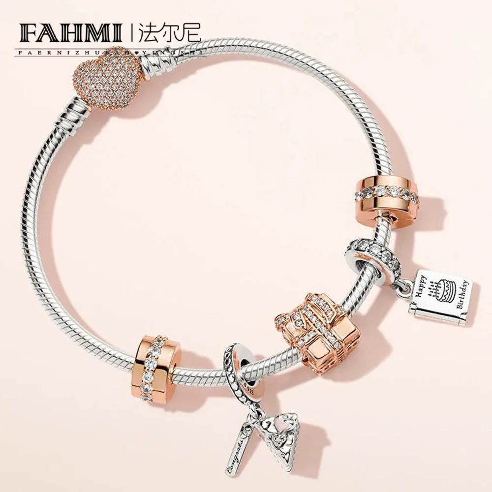 

FAHMI 100% 925 Sterling Silver ROSE SPARKLING SURPRISE CHARM Birthday Wishes Card CELEBRATION CAKE HANGING CHARM Bracelet Set