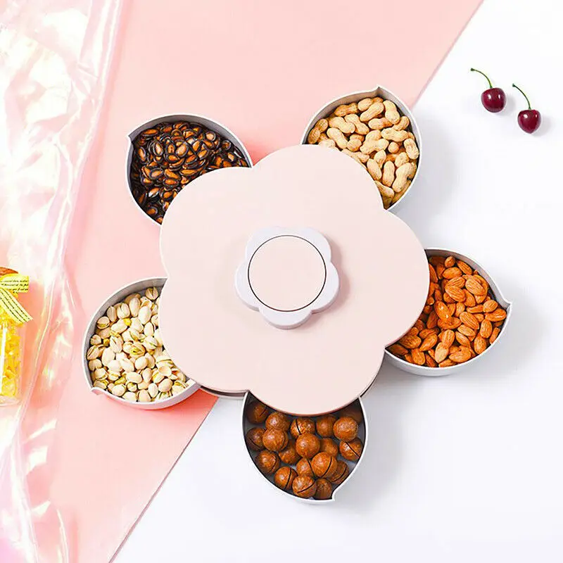 Petal Shaped Rotating Candy Box Dish Snacks Tray Five Grid Dried Fruit Plate 