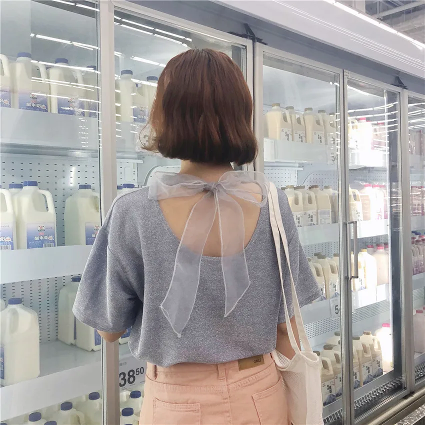 Новая летняя футболка с бантиком, Женская Футболка Harajuku, яркие шелковые футболки, рубашка, винтажные готические каваи топы, одежда DV813