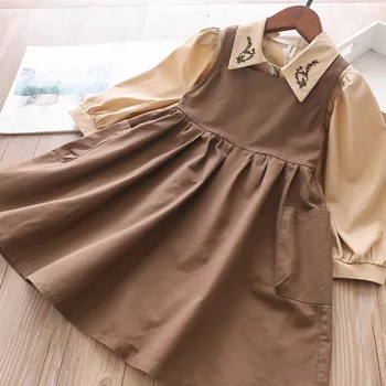 

Sweet Kids Girls Spring Autumn Ruffles Halter Dress with Floral Tees 2pcs Sets Vintage Coffee Beige Color Dresses