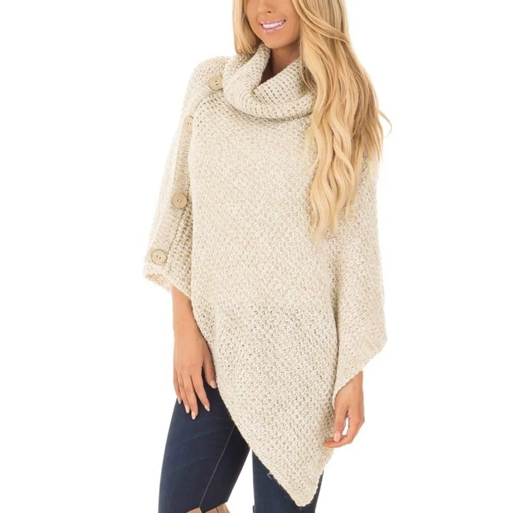 Womens Turtleneck Sweater Women's Knit Turtle Neck Poncho With Button Irregular Hem Knitting Sweaters Casual Brief Streetwear - Color: Khaki